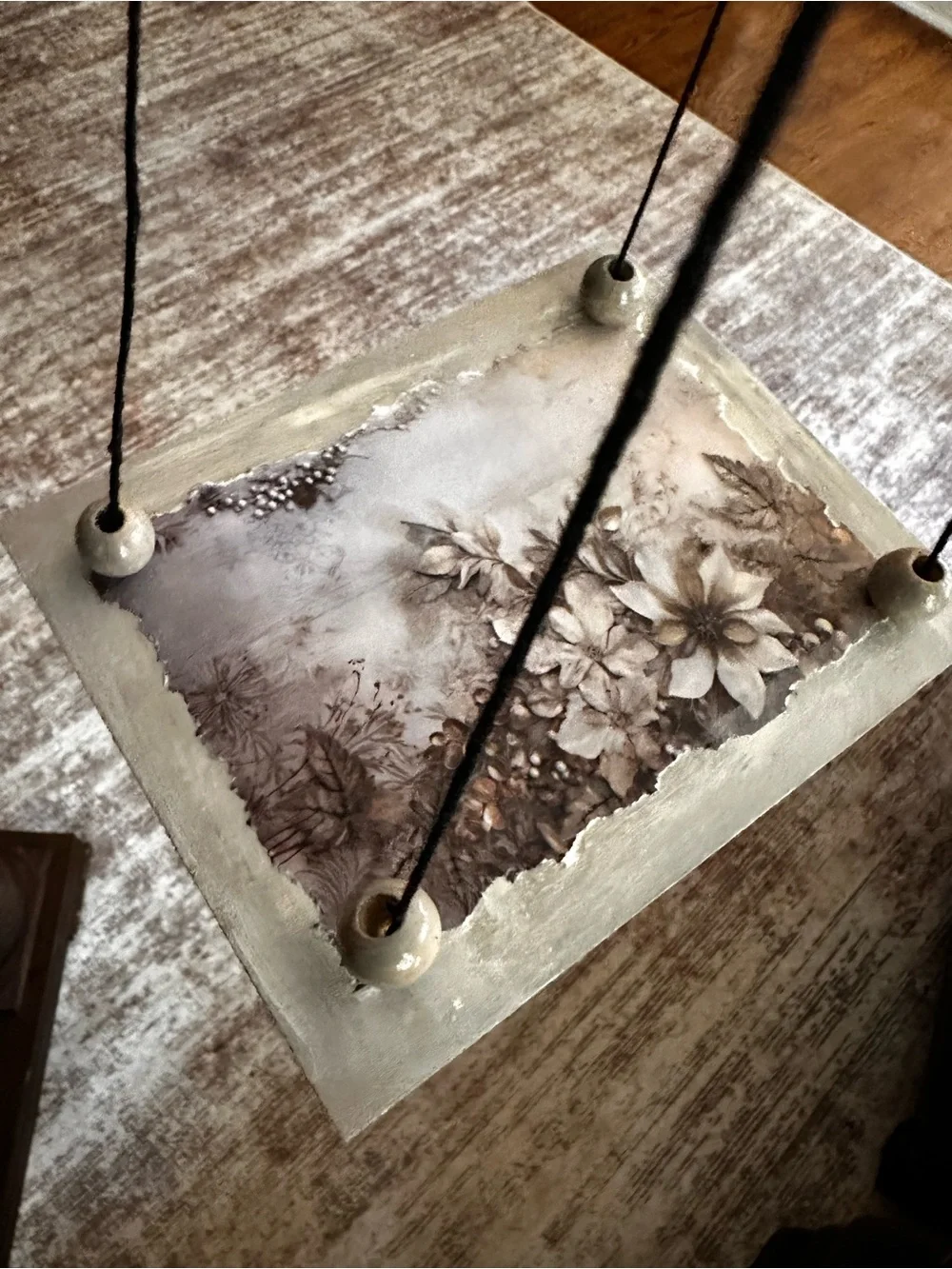 Hand crafted Floral Hanging shelf with Black Cord